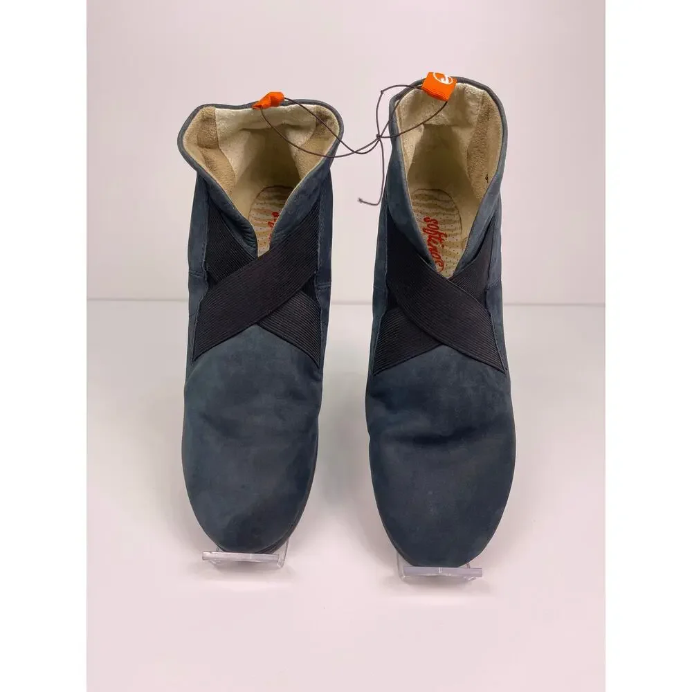 NWT Fly London Blue Suede Wedge Booties Womens Sz 8 Comfort Slip On Ankle Boots